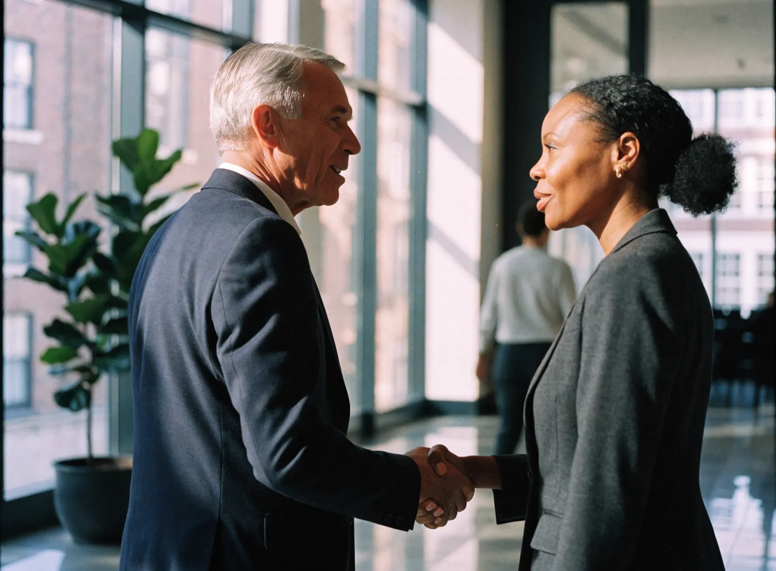 A gray-haired man in a navy suit shaking hands with a woman in a gray blazer in a bright office lobby