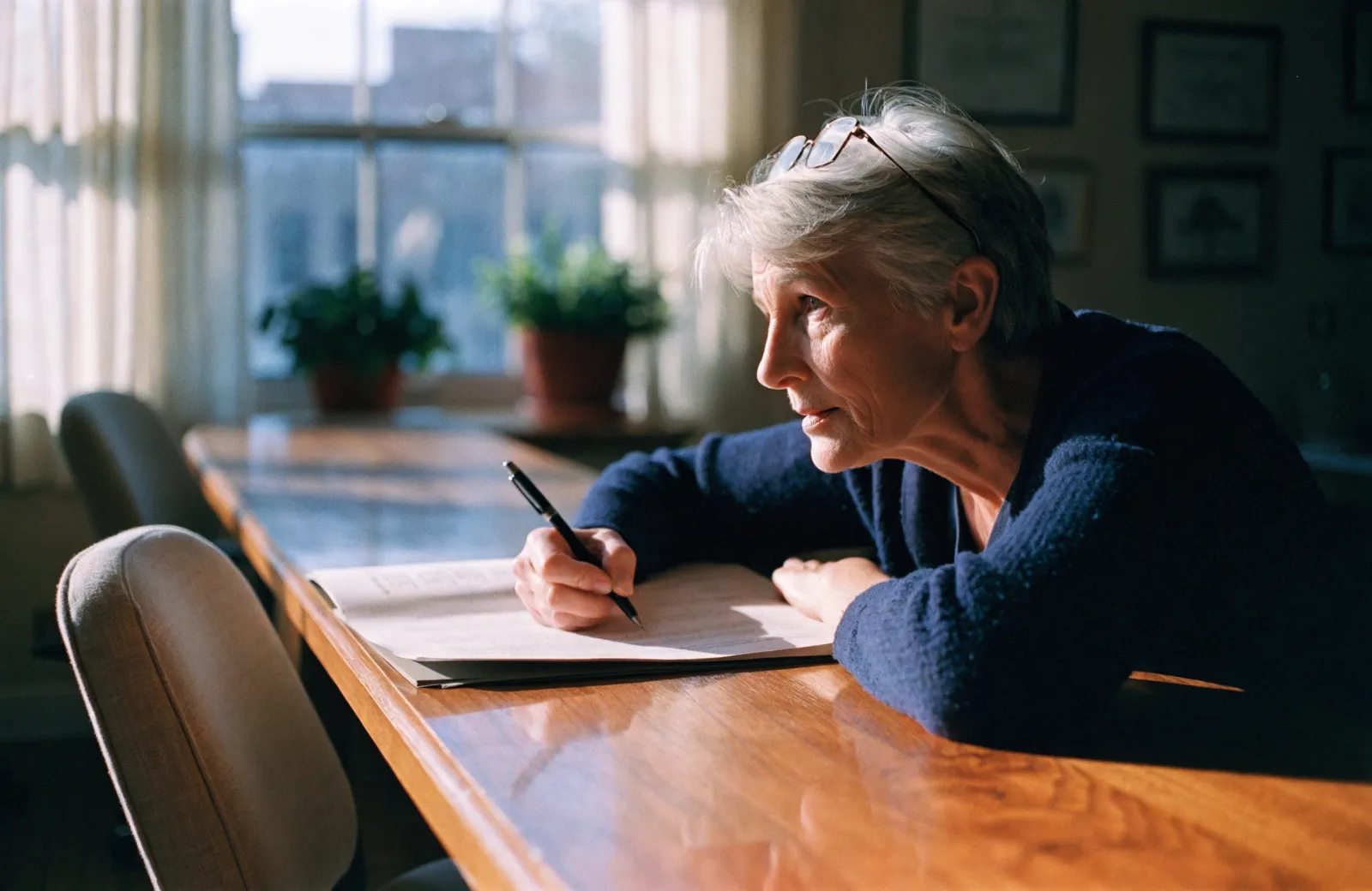 A silver-haired woman in a navy sweater writing on a document at a wooden table beside a sunlit window