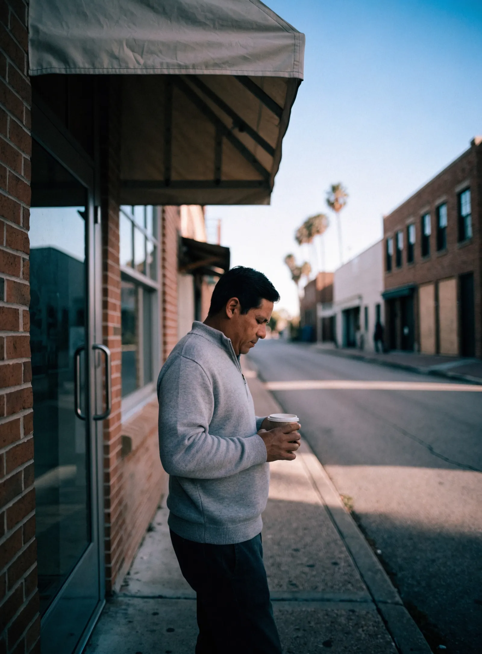 A man in a gray sweater holding a coffee cup beside a brick storefront on a quiet street lined with palm trees