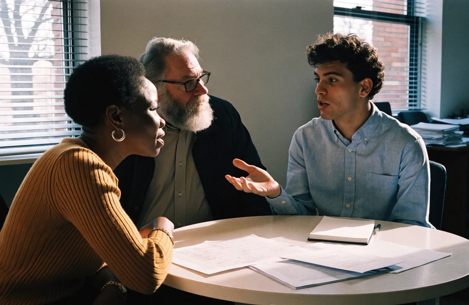 Three people in conversation around a round table covered with papers